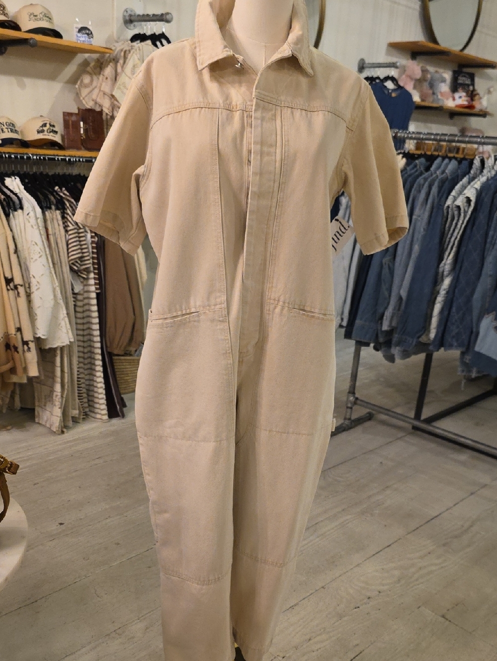 Short-Sleeve Utility Jumpsuit in Beige